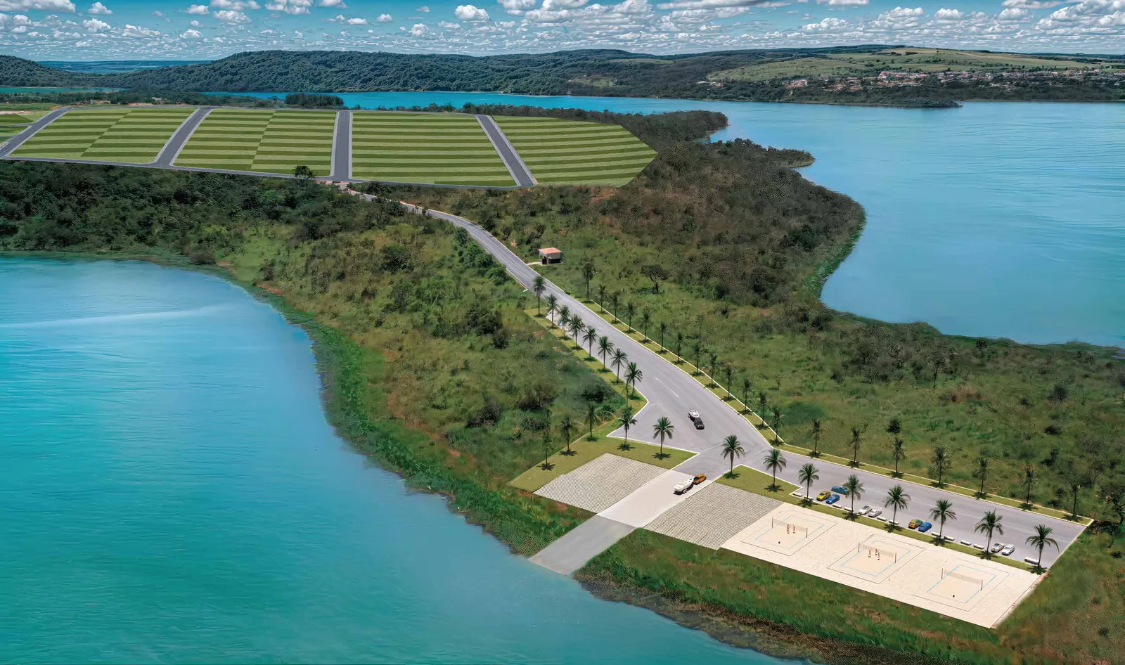 Perspectiva art&iacute;stica da orla do Ventura, com avenida arborizada e faixa de praia